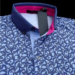 Greyson Golf Merwolf Print Short Sleeve Polo Shirt Heron Size Medium $118